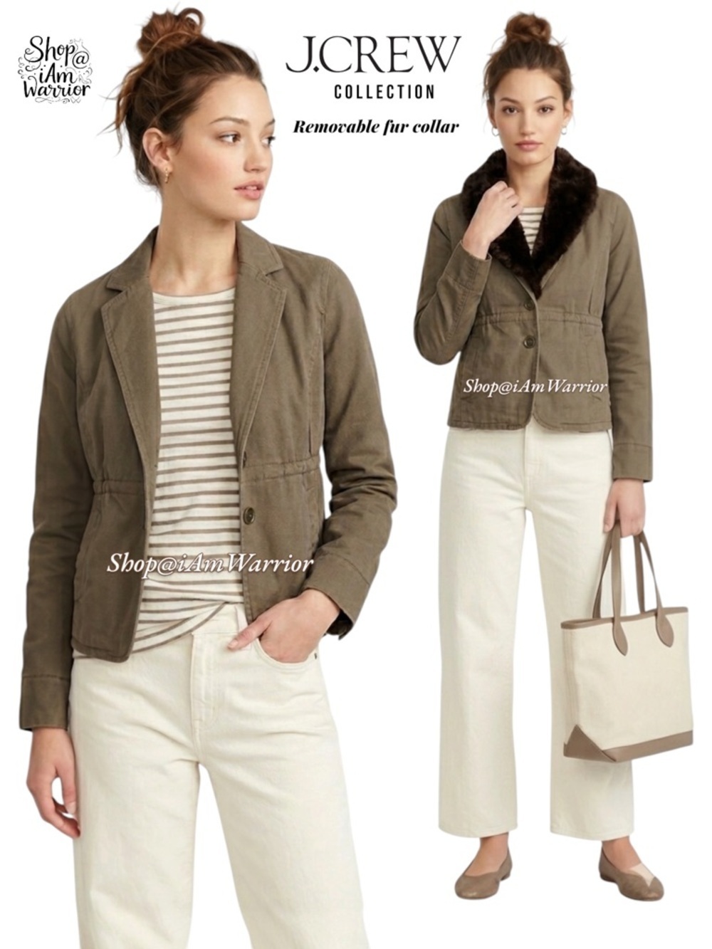 J.Crew Collection cotton fatigue utility jacket with removable shearling collar